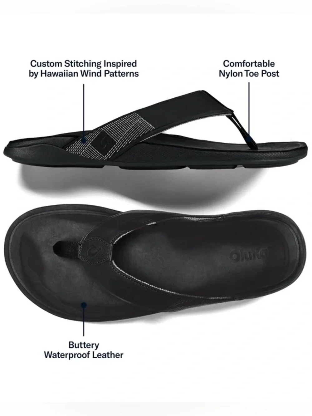 NEW OluKai Tuahine Waterproof Men Leather Sandals Black Sz 7